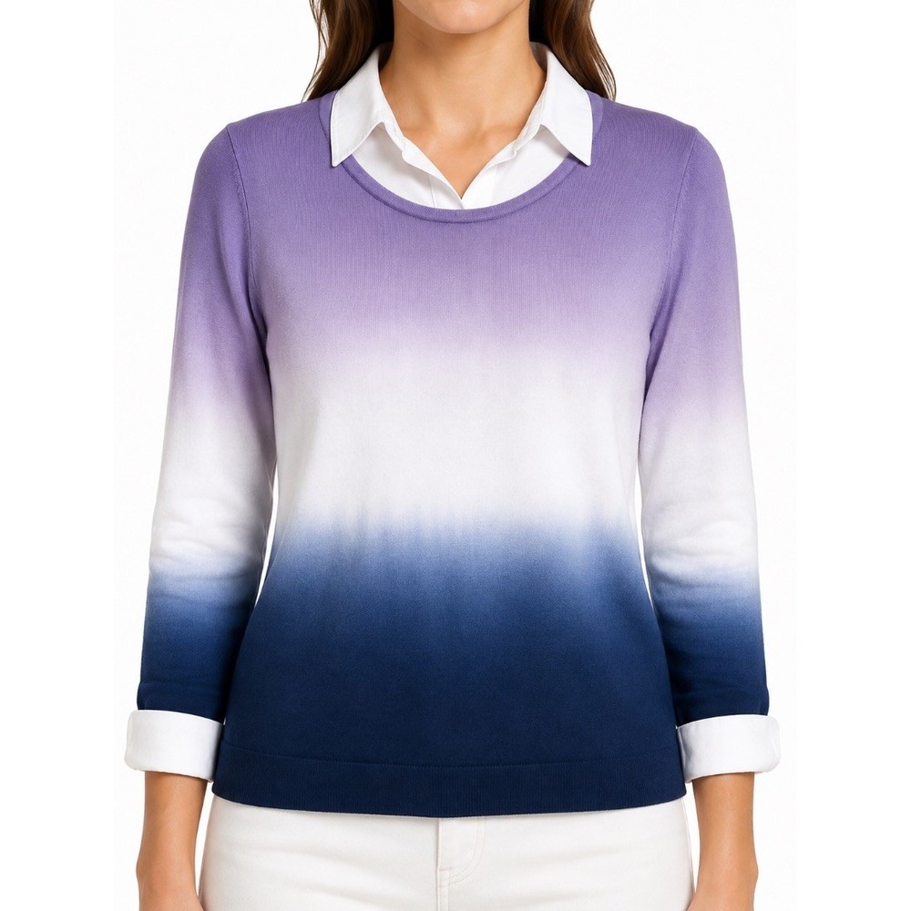Alfred Dunner Womens Petite Ombre Sweater Purple Navy Collar Detail PXL